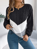 Cable-Knit Color Block Round Neck Sweater - PD SECRET REALM