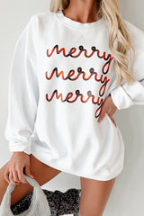 White Merry Printed Crewneck Ribbed Christmas Sweatshirt