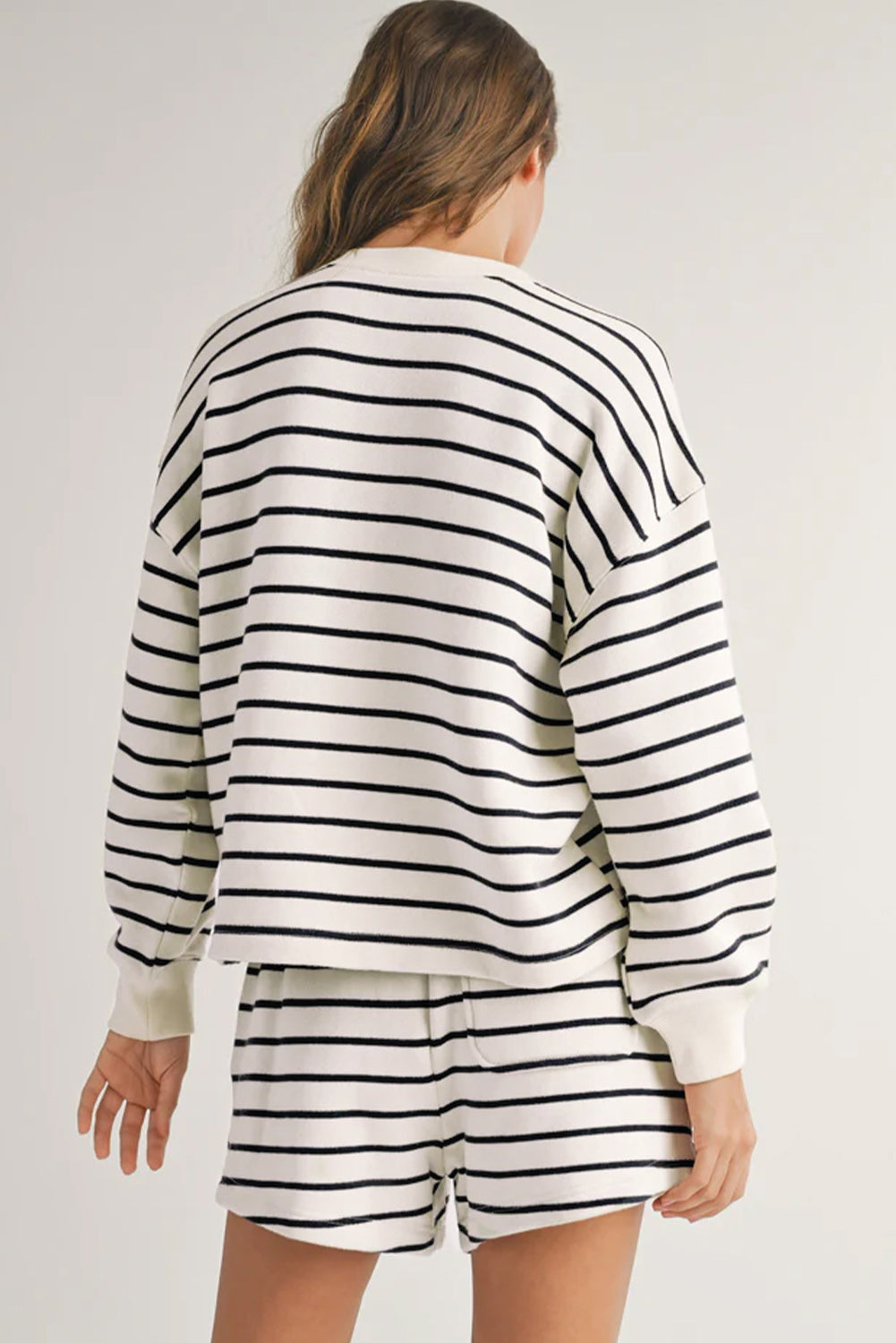 Black White Striped Henley Pullover and Shorts Set