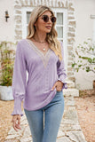 Eyelet V-Neck Smocked Flounce Sleeve Blouse - PD SECRET REALM