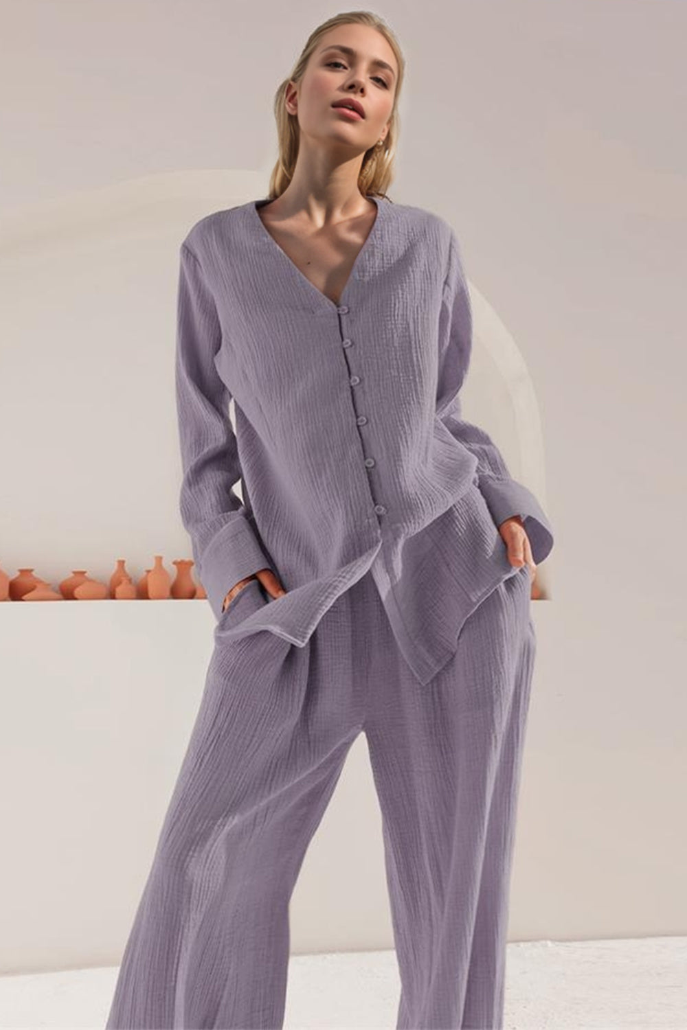 Buttery-Soft V-Neck Long Sleeve Top and Pants Set