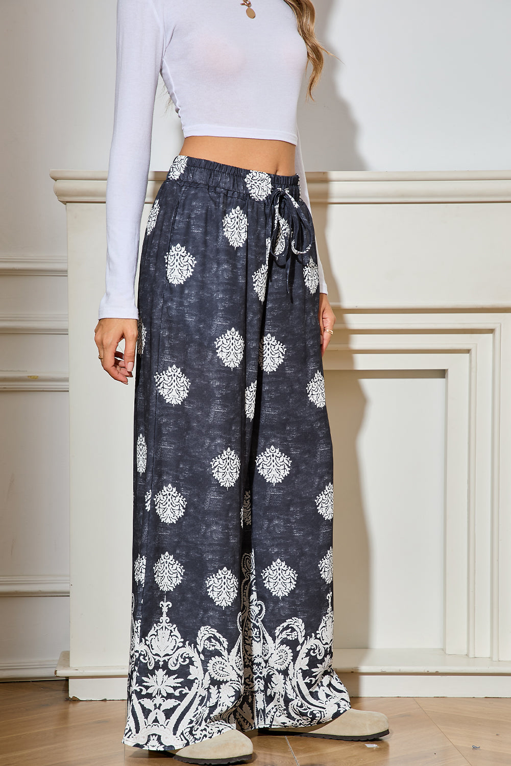 Black Bohemian Print Drawstring Waist Wide Leg Pants