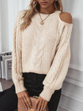 Cable Knit Round Neck Cold Shoulder Sweater - PD SECRET REALM