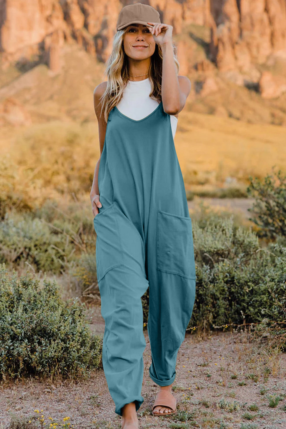 Full Size V-Neck Sleeveless Jumpsuit with Pockets