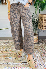 Khaki Leopard Print Drawstring Waist Pocketed Wide Leg Jeans