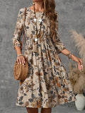 Printed Round Neck Three-Quarter Sleeve Dress - PD SECRET REALM