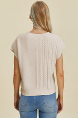 Full Size Cable-Knit Round Neck Short Sleeve Sweater