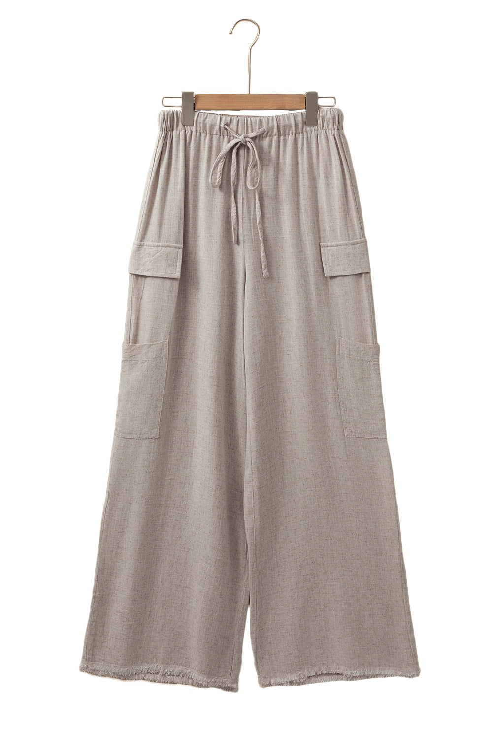 Beige Boho Linen Drawstring Waist Raw Edge Cargo Loose Pants