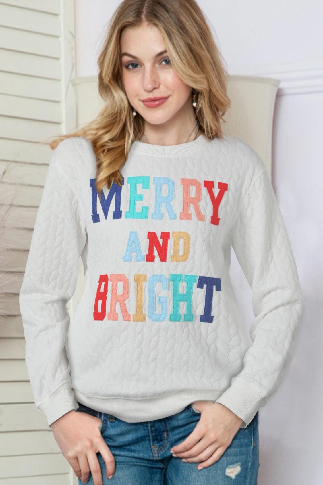 Full Size MERRY AND BRIGHT Cable Knit Pullover Sweatshirt - PD SECRET REALM