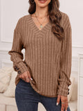 Ribbed V-Neck Long Sleeve T-Shirt - PD SECRET REALM