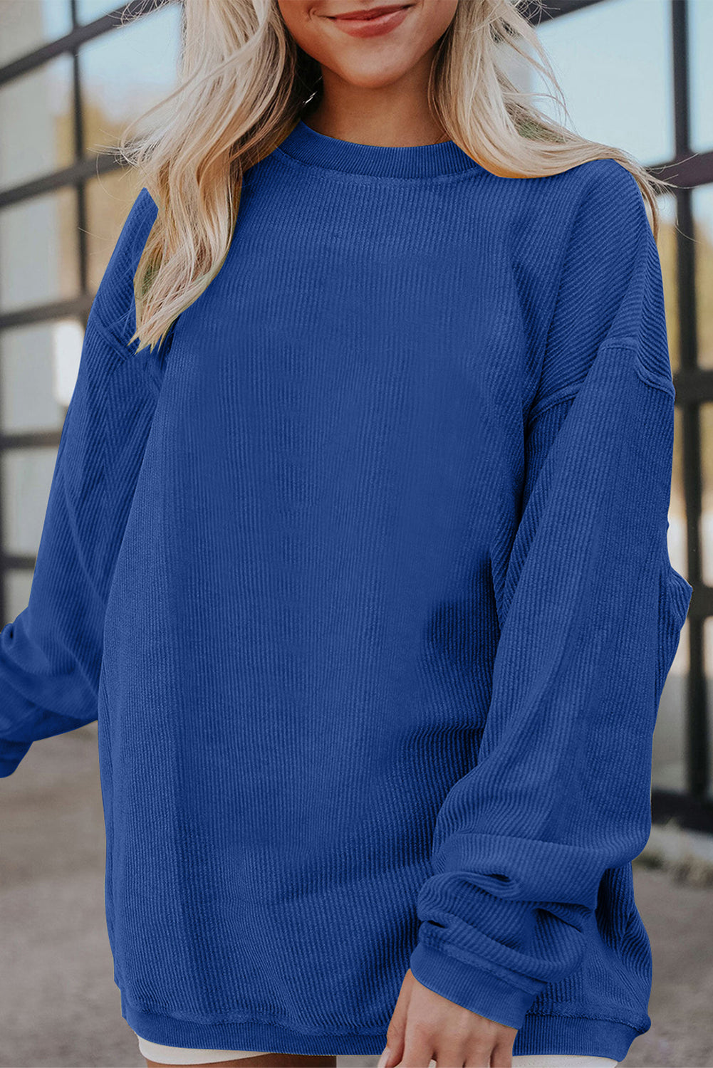 Dark Blue Plain Drop Sleeve Crinkle Rib Oversized Sweatshirt