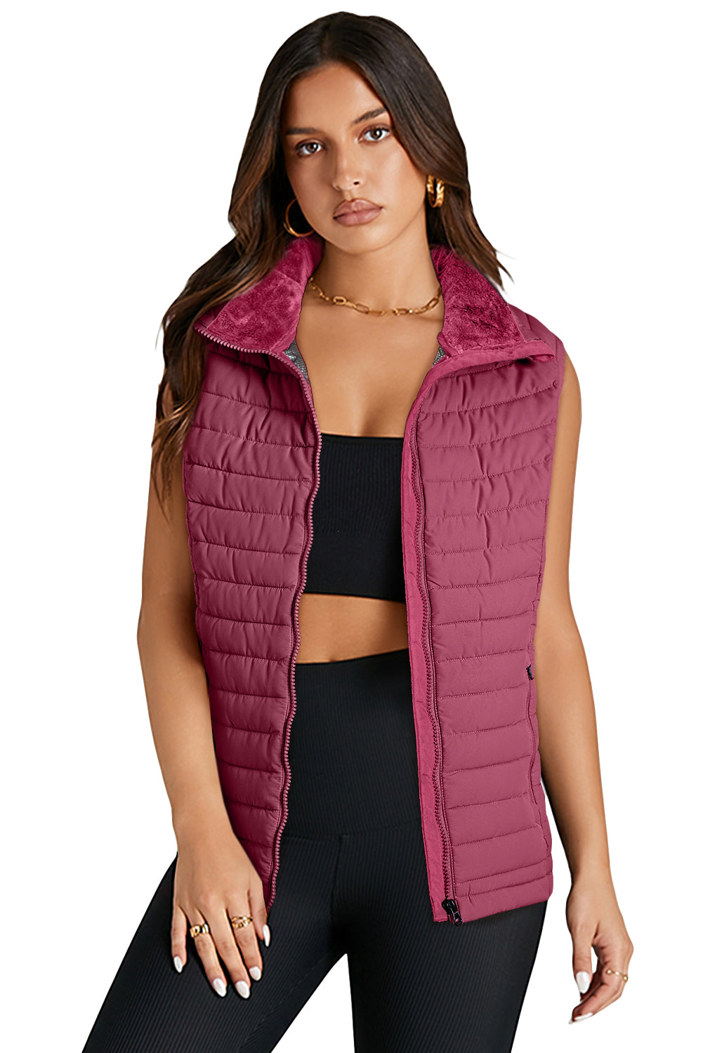 Burgundy Plush Collared Quilted Zipped Puffer Vest