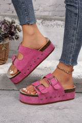 Rose Red Suede Dual Buckle Strap Platform Slides Shoes