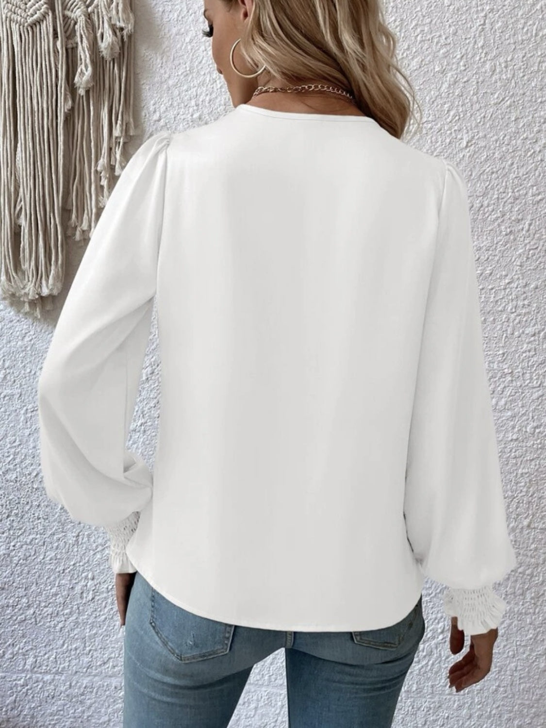 Smocked Lantern Sleeve Blouse