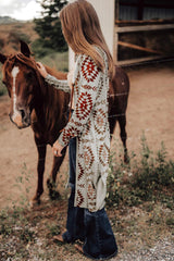 Brown Geometric Printed Open Front Long Cardigan