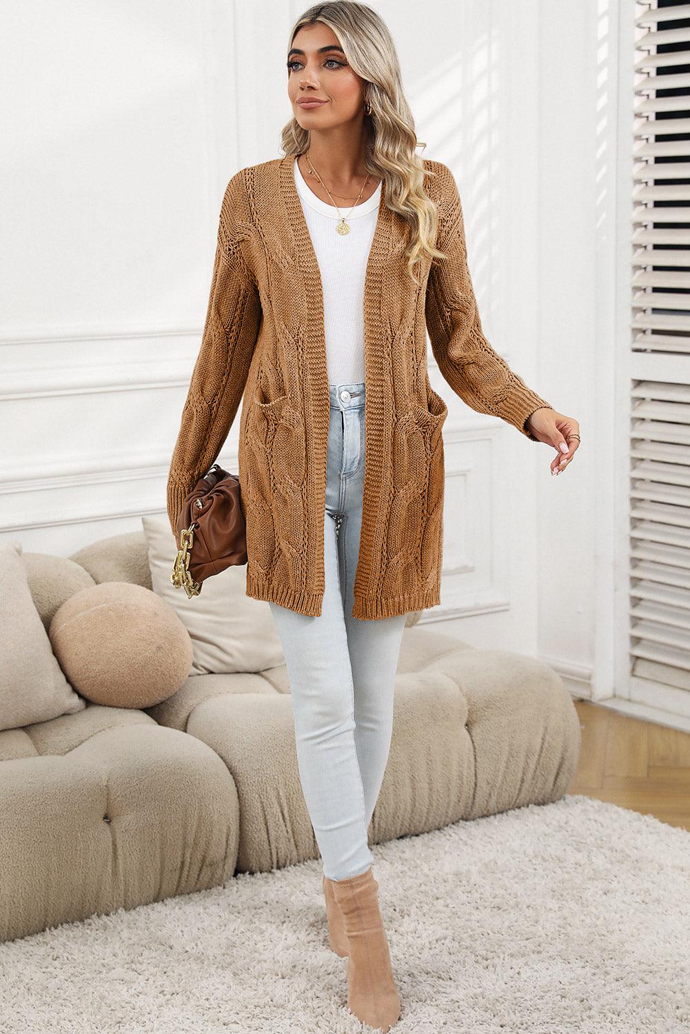 Khaki Ribbed Trim Hollow Knit Side Slits Cardigan