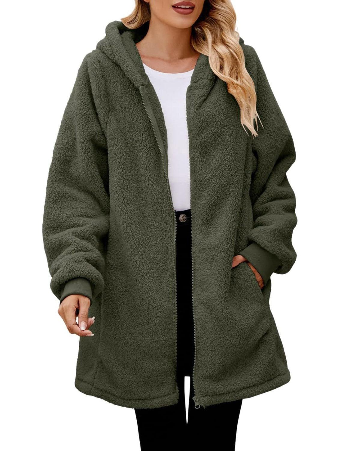 Fuzzy Pocketed Zip Up Long Sleeve Hooded Jacket - PD SECRET REALM