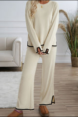 Contrast Trim Round Neck Top and Pants Sweater Set