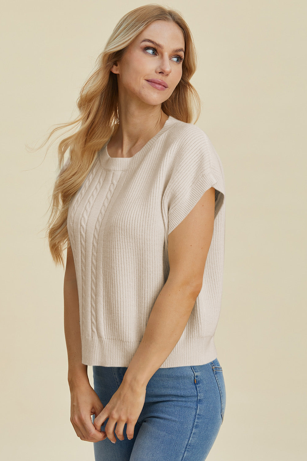 Full Size Cable-Knit Round Neck Short Sleeve Sweater