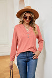 Buttoned Notched Neck Long Sleeve Top - PD SECRET REALM