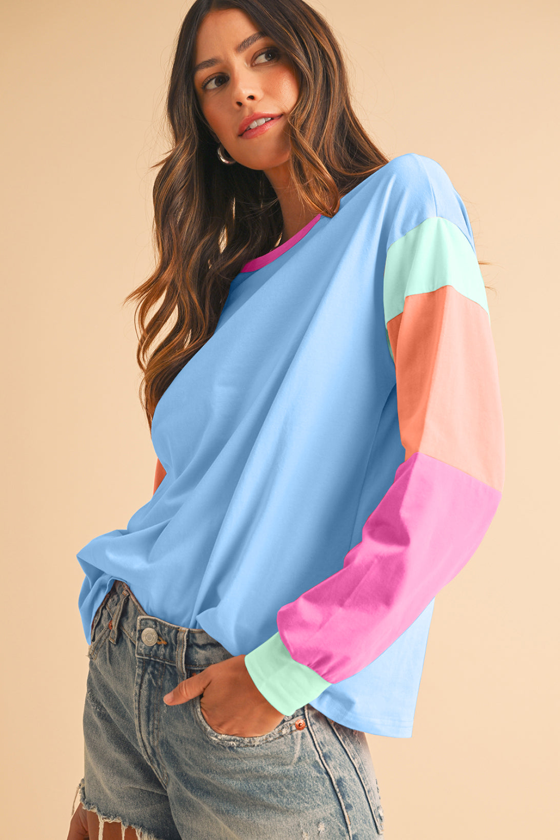 Rose Red Color Block Sleeve Loose Fit Top