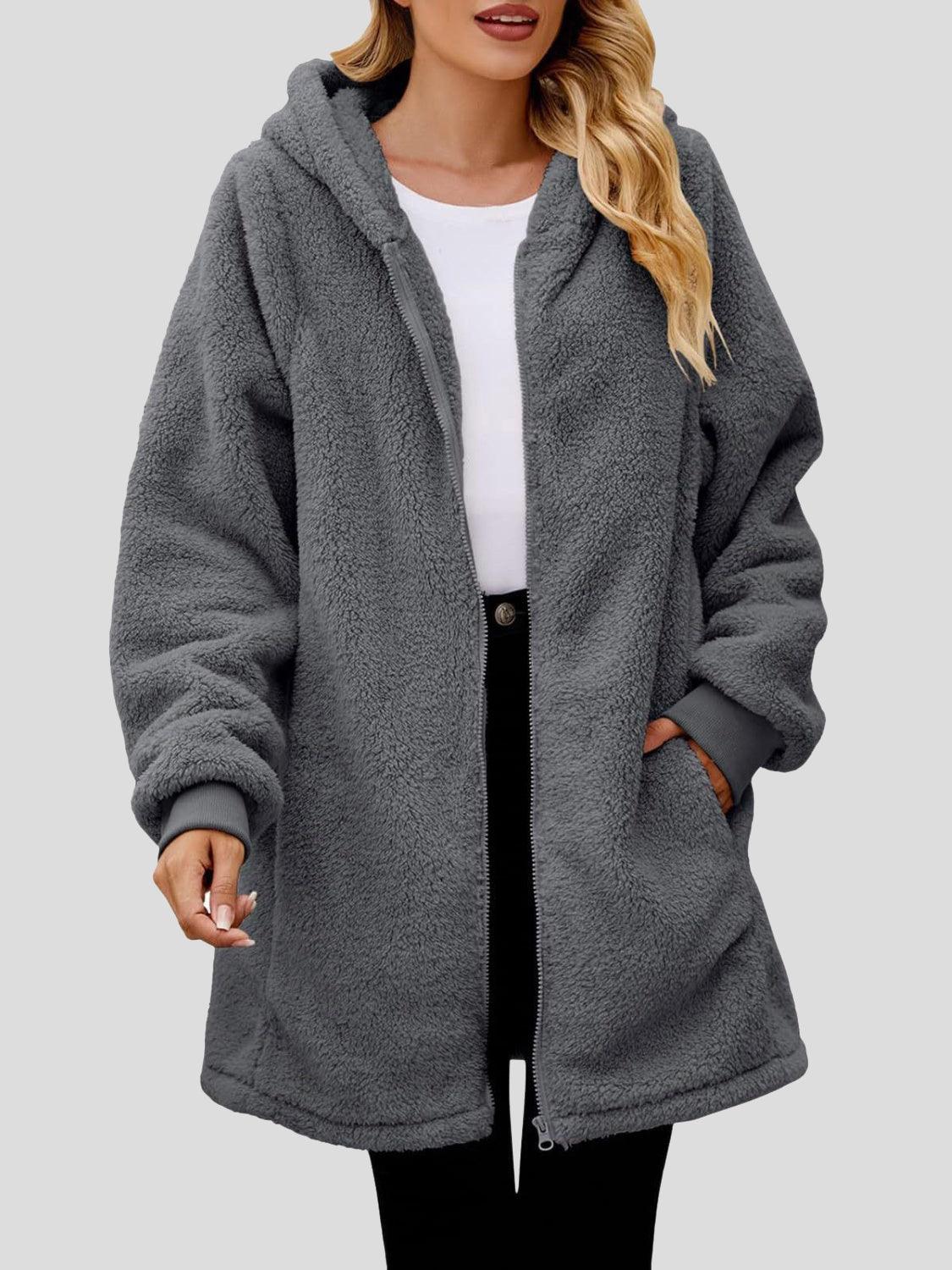 Fuzzy Pocketed Zip Up Long Sleeve Hooded Jacket - PD SECRET REALM