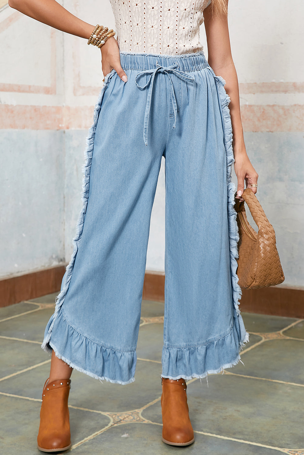 Myosotis Light Wash Raw Hem Ruffle Wide Leg Jeans