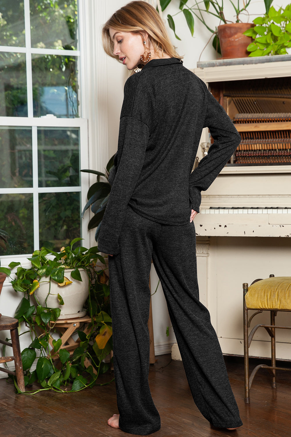 Black Ribbed Henley Shirt and Wide Leg Pants Loungewear Set