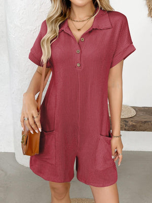 Button Detail Collared Neck Short Sleeve Romper - PD SECRET REALM