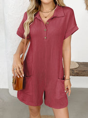 Button Detail Collared Neck Short Sleeve Romper