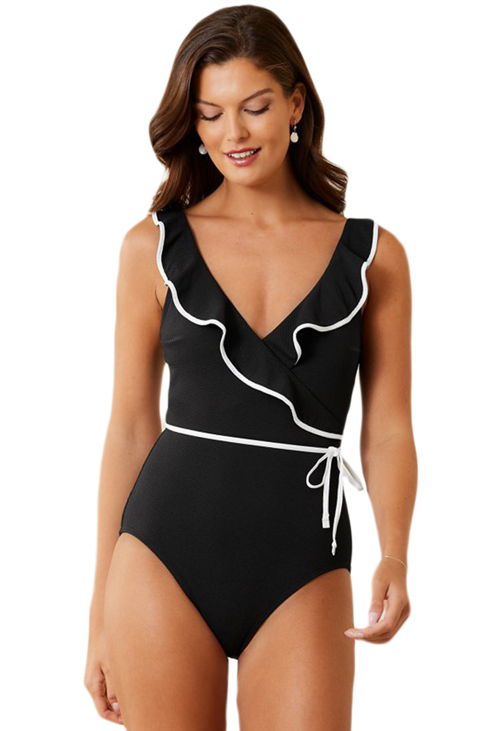 Black Color Contrast Ruffled Wrap V Neck Swimsuit