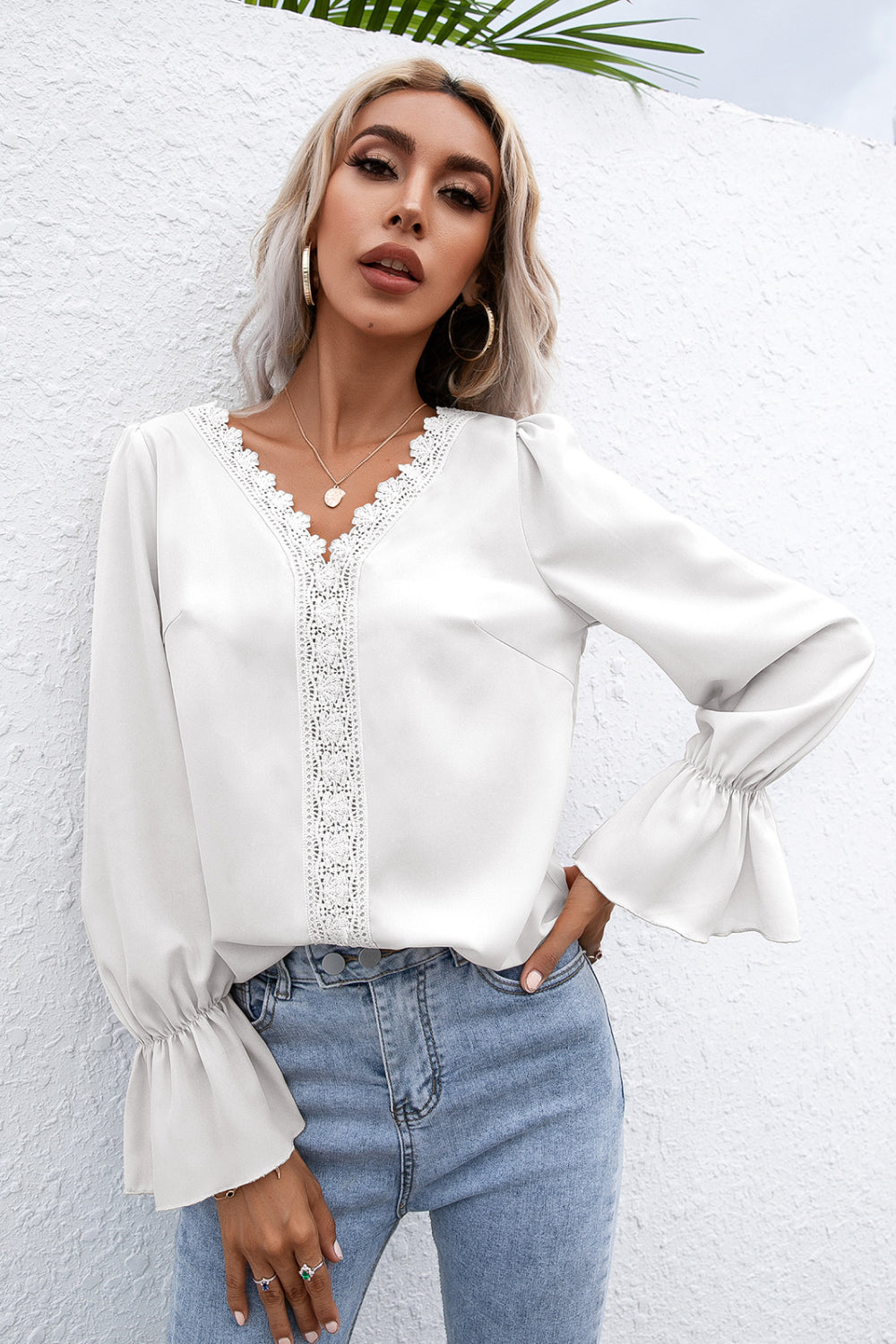 Ivy Lane Lace Trim Flounce Sleeve Blouse