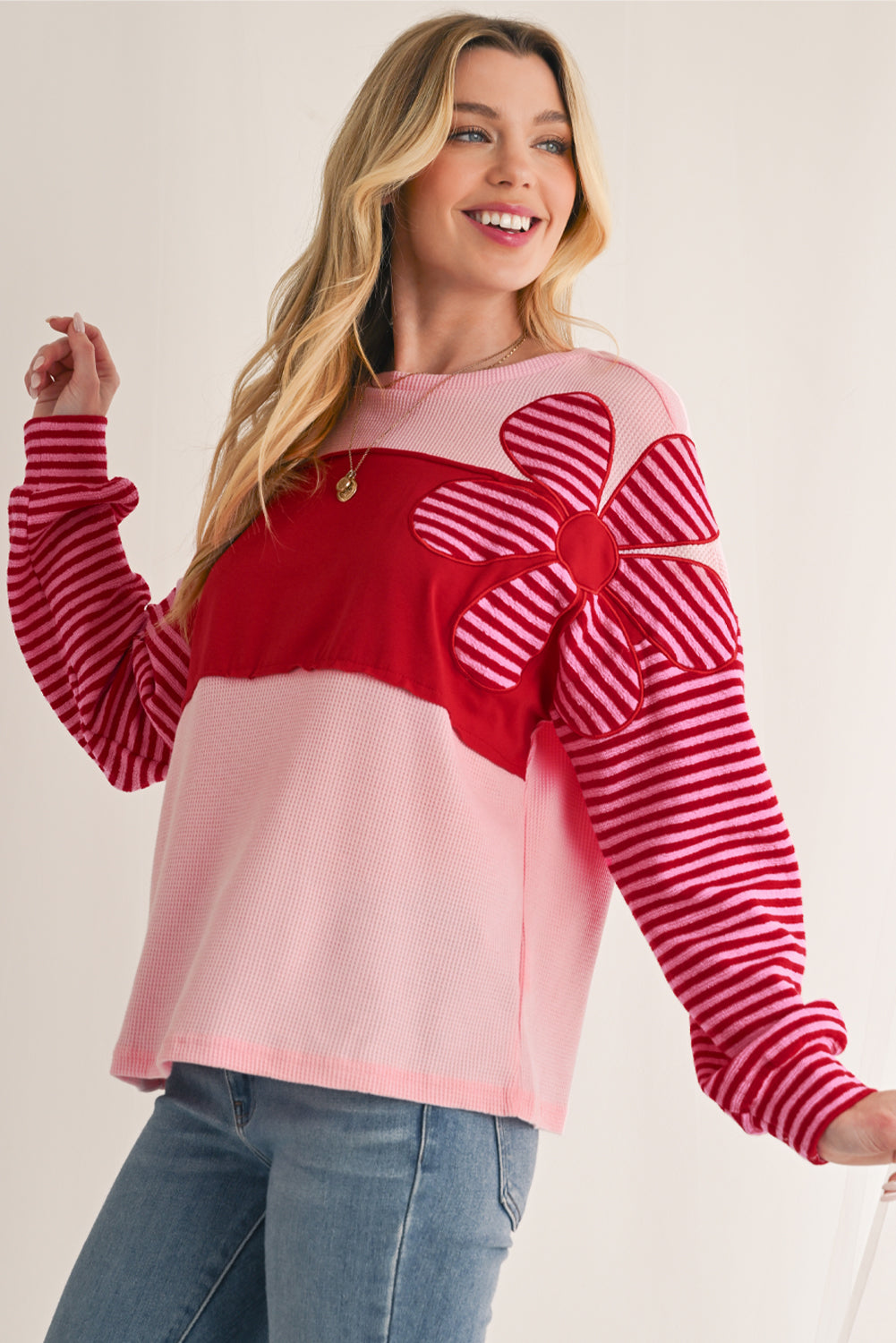 Pink Floral Colorblock Striped Sleeve Crinkle Waffle Patchwork Top