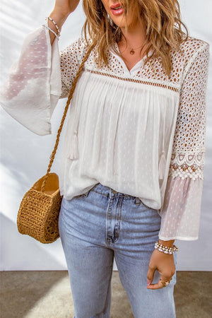 Eyelet Tassel Tie Flare Sleeve Blouse - PD SECRET REALM