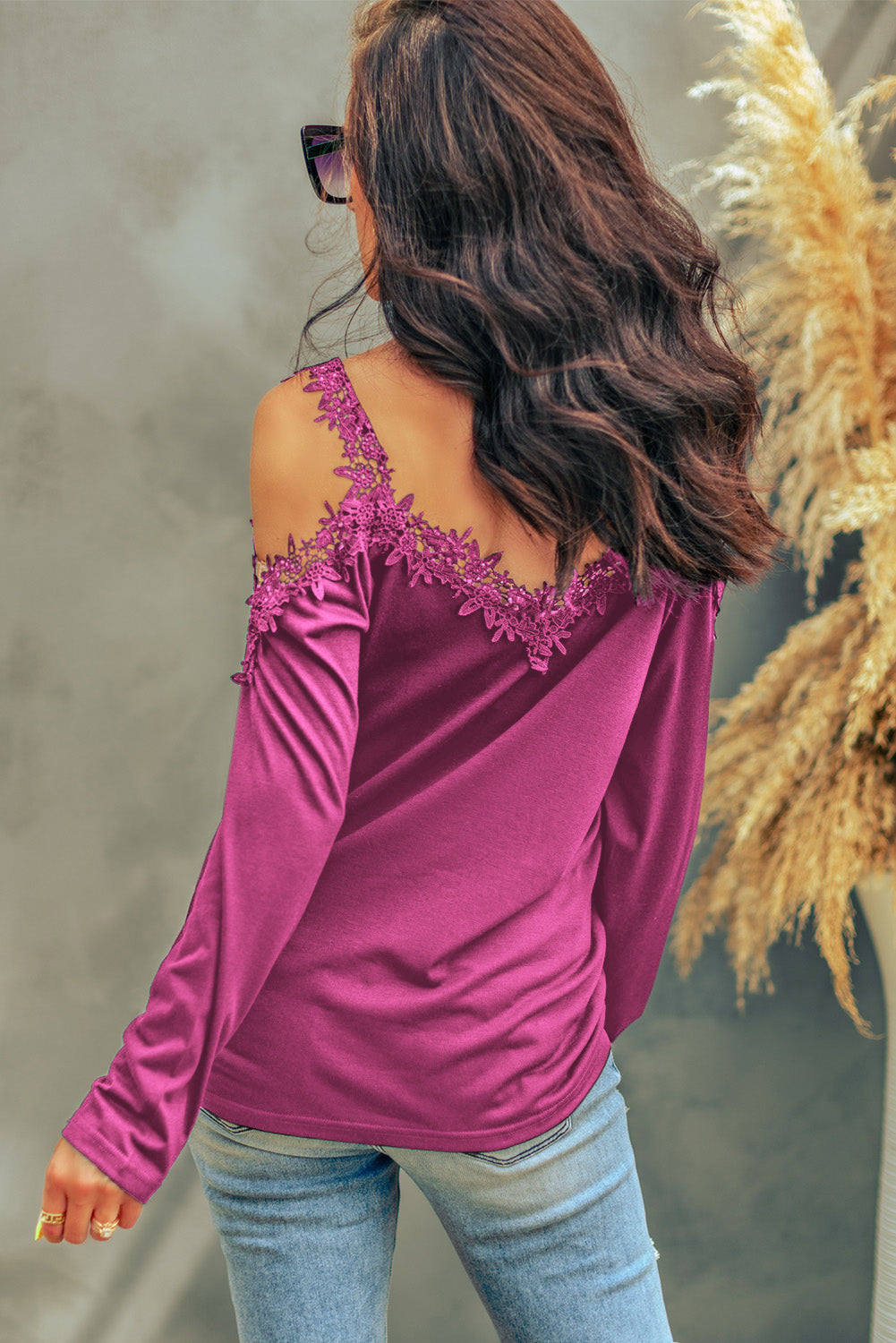 Lace Detail Cold Shoulder Long Sleeve T-Shirt