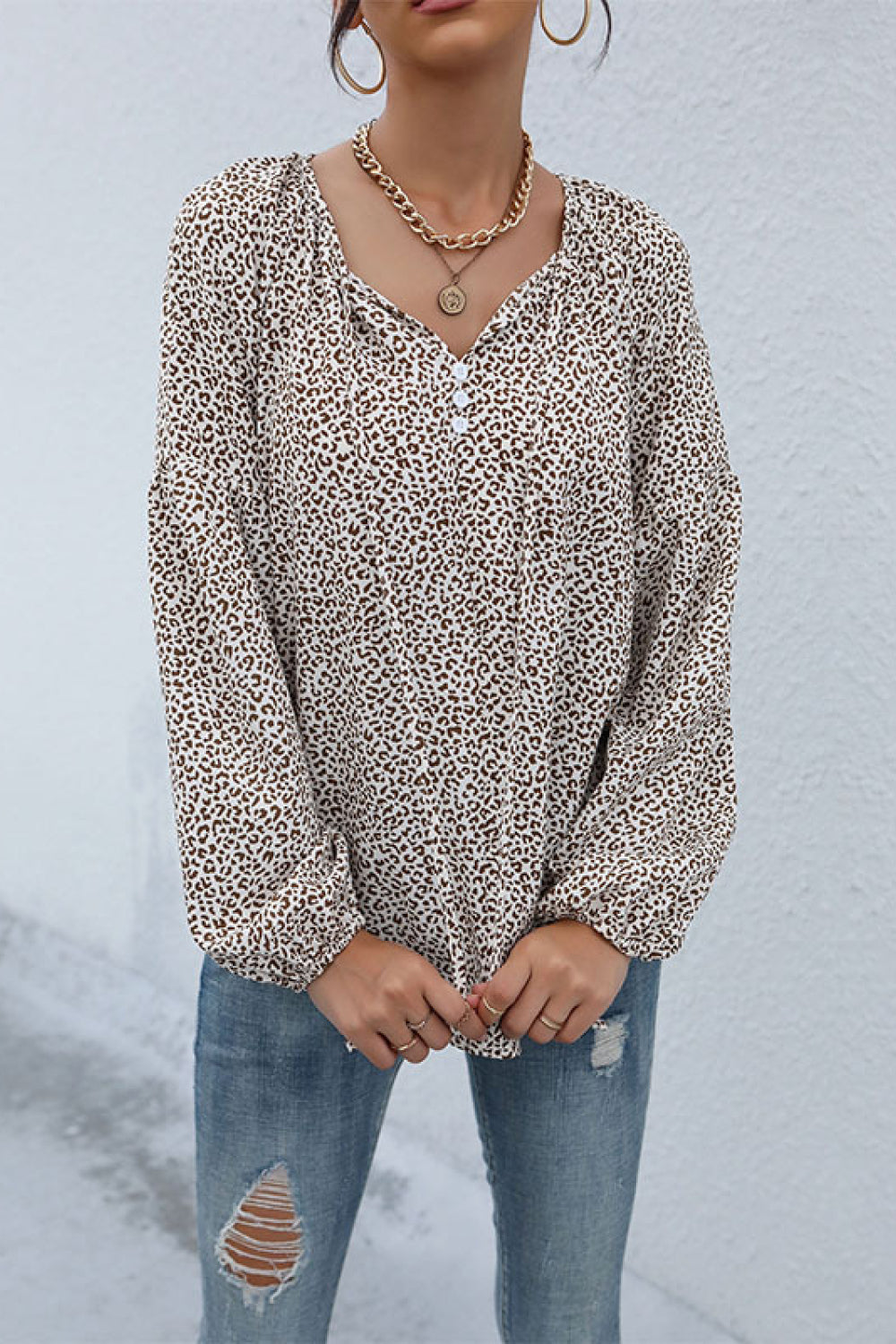 Perfee Leopard Print Tie Neck Blouse