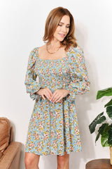 Honey Floral Smocked Flounce Sleeve Square Neck Dress - PD SECRET REALM