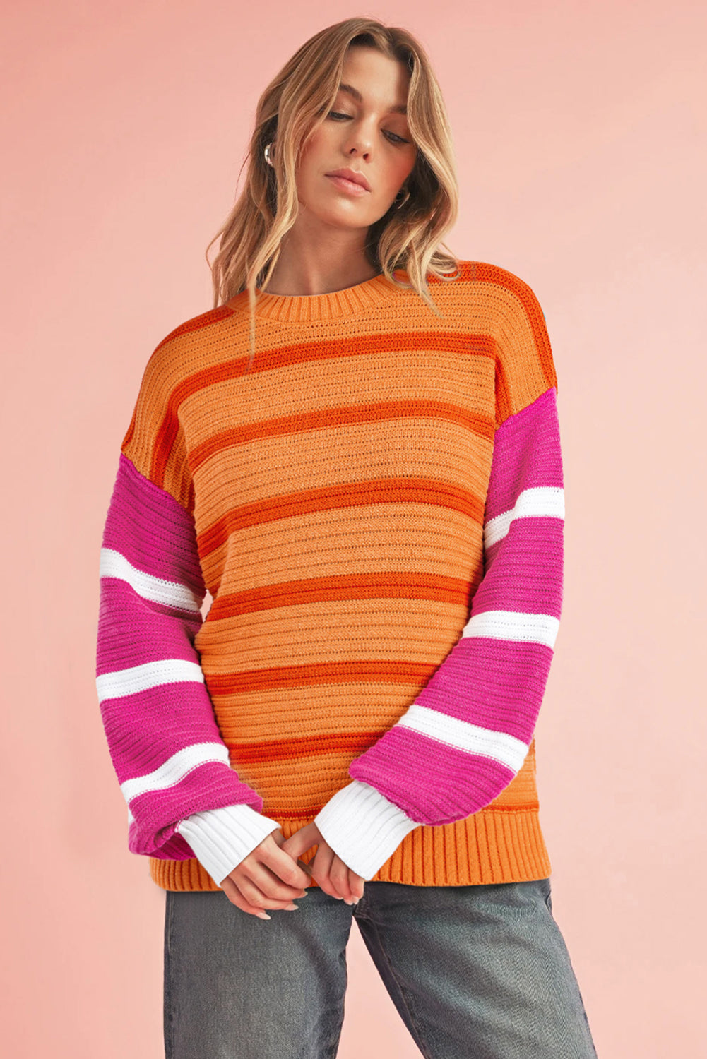 Orange Striped Colorblock Puff Sleeve Sweater