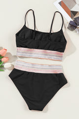 Black Striped Patchwork Spaghetti Strap High Waist Bikini Set