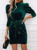 Mock Neck Tie Waist Puff Sleeve Mini Dress - PD SECRET REALM