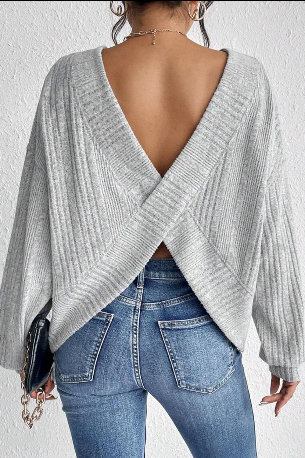 Crossover Backless Long Sleeve Knit Top