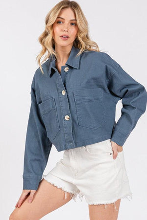 bytos Button Down Cropped Denim Jacket with Patch Pockets - PD SECRET REALM