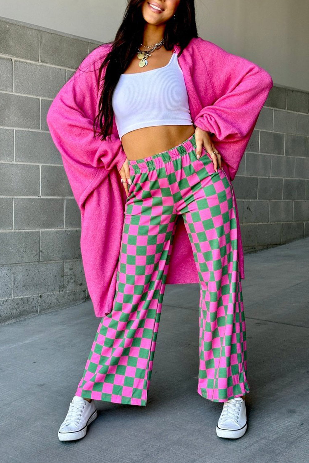 Bonbon Checkered Print High Waist Wide Leg Pants