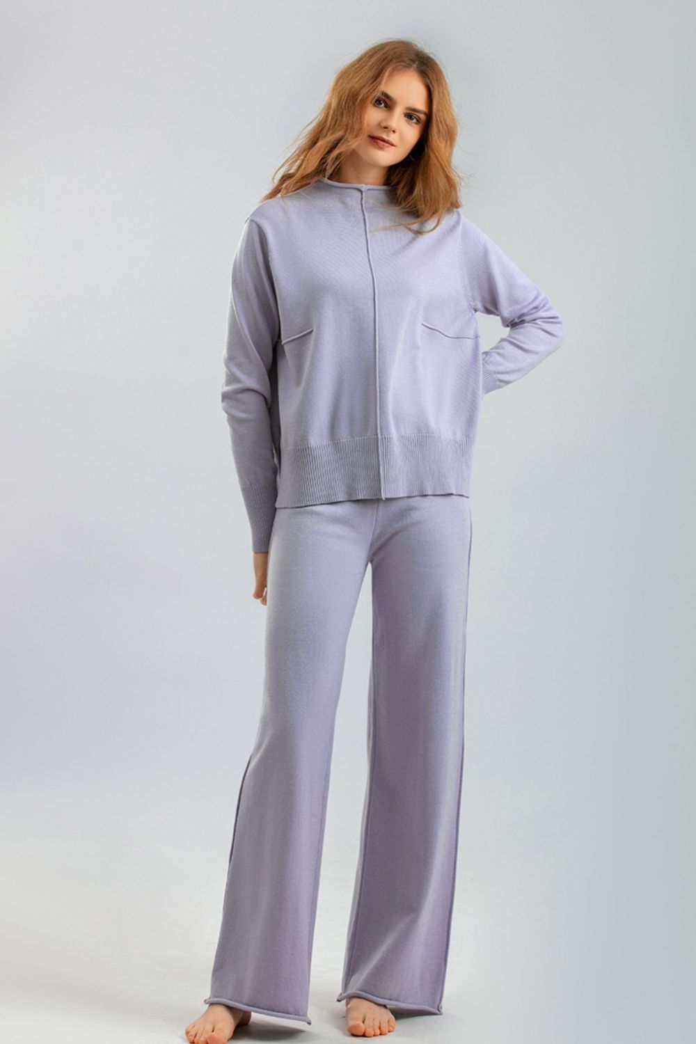 Mock Neck Long Sleeve Top and Pants Sweater Set