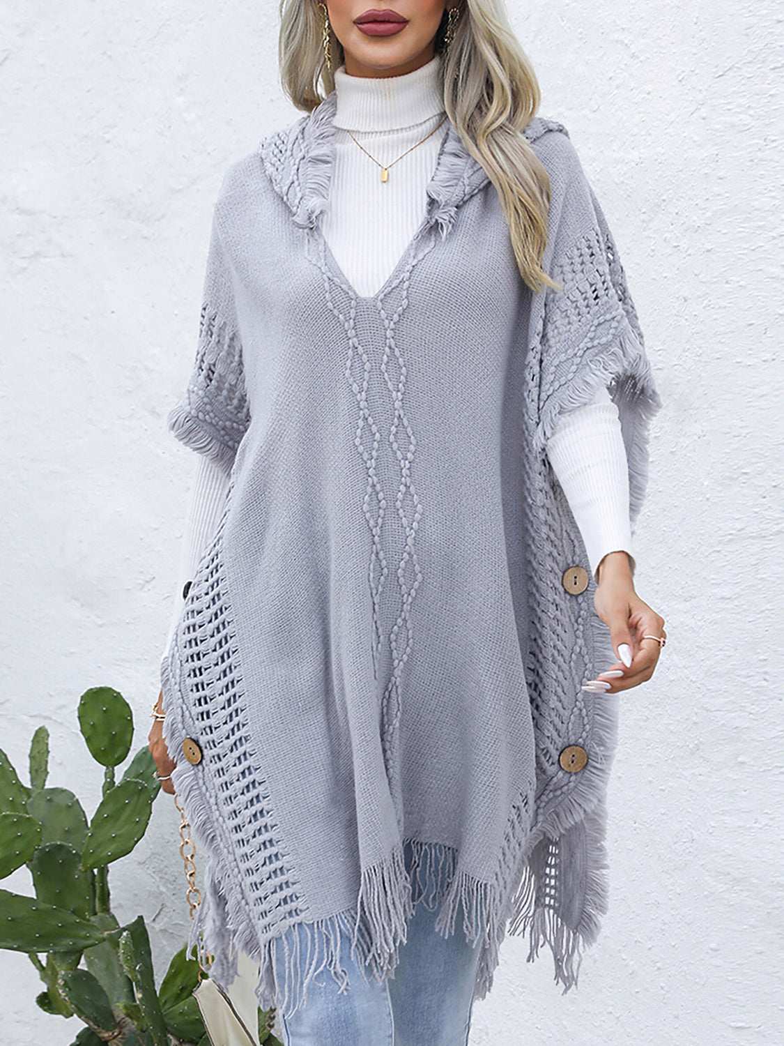 Fringe Trim Buttoned Hooded Poncho