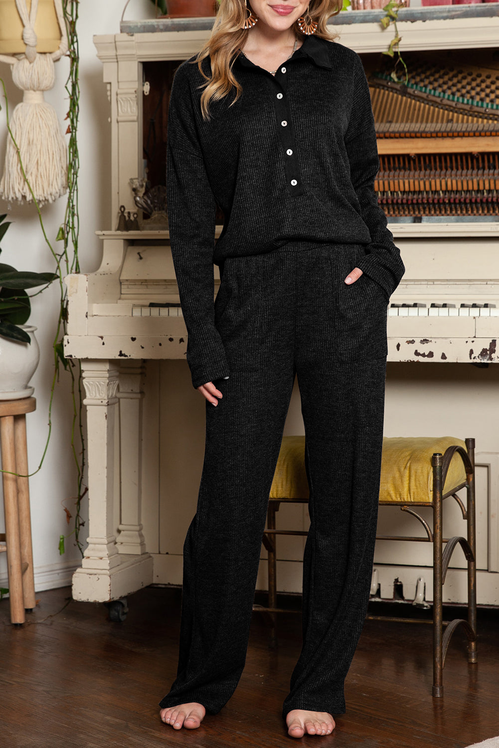 Black Ribbed Henley Shirt and Wide Leg Pants Loungewear Set