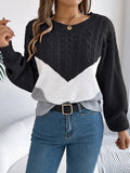 Cable-Knit Color Block Round Neck Sweater - PD SECRET REALM