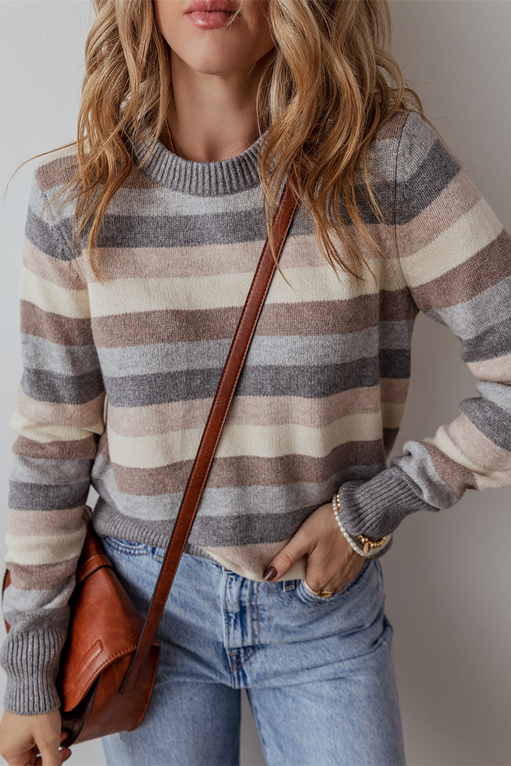 Gray Striped Ribbed Edge Round Neck Sweater