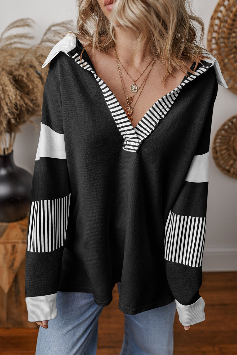 Sail Blue Striped Patchwork Collar Sweatshirt