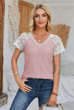 Eyelet V-Neck Lace Short Sleeve T-Shirt - PD SECRET REALM